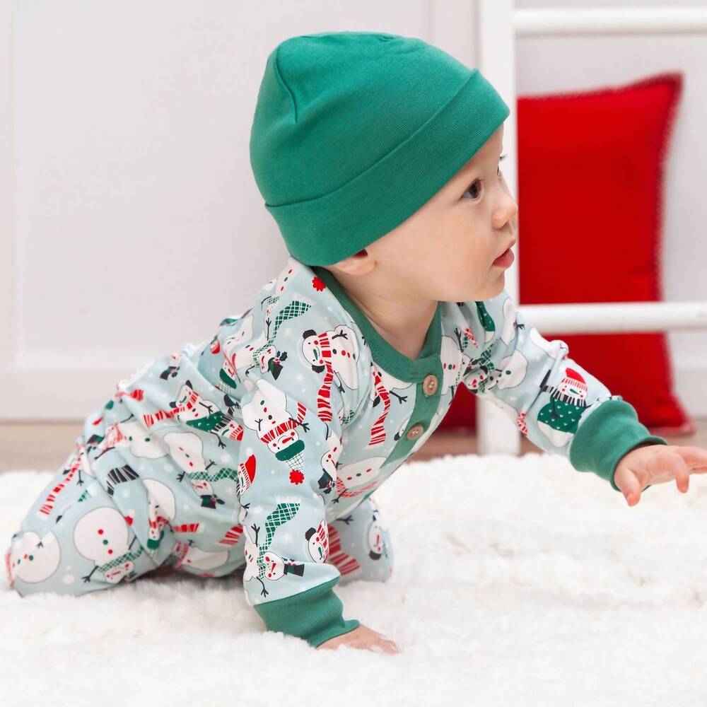 NEW TESA BABE frosty fun snowman long sleeve romper in green/red